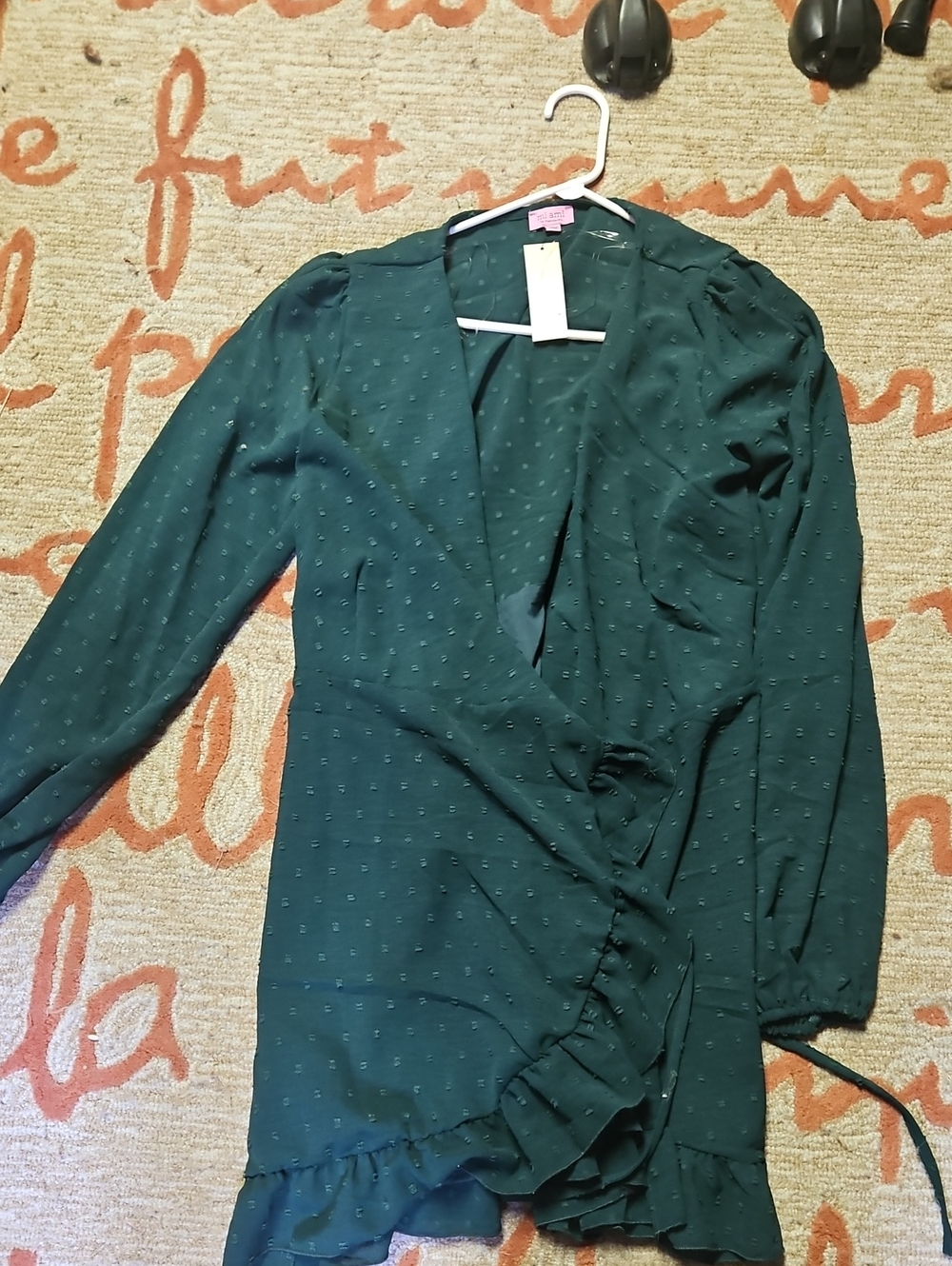 Francesca's Collections Dark Green Mini Wrap Dress with Ruffle Hem